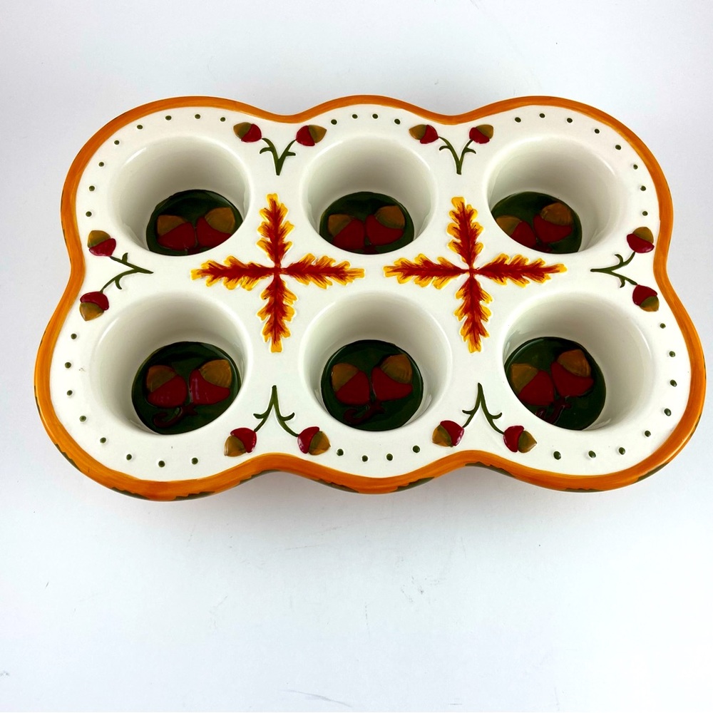 Temptations by Tara Fall Harvest 6 Cupcake Muffin Pan Bakeware Acorn Leaves Fall - Picture 10 of 11